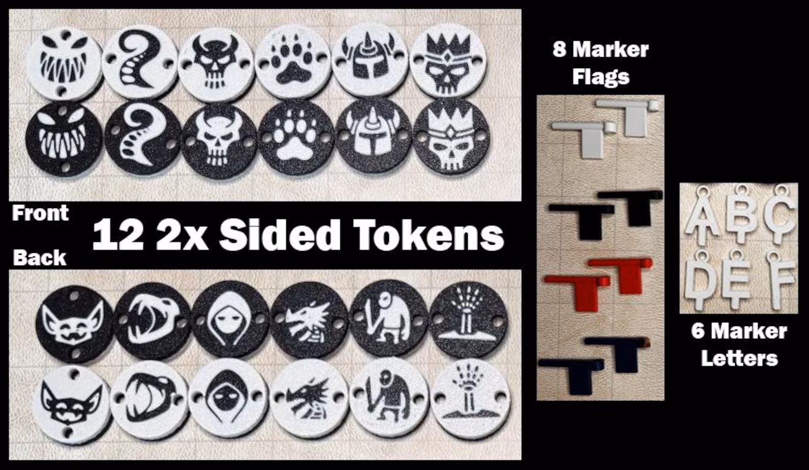 3D printed double-sided monster and PC tokens with condition flags and letter markers